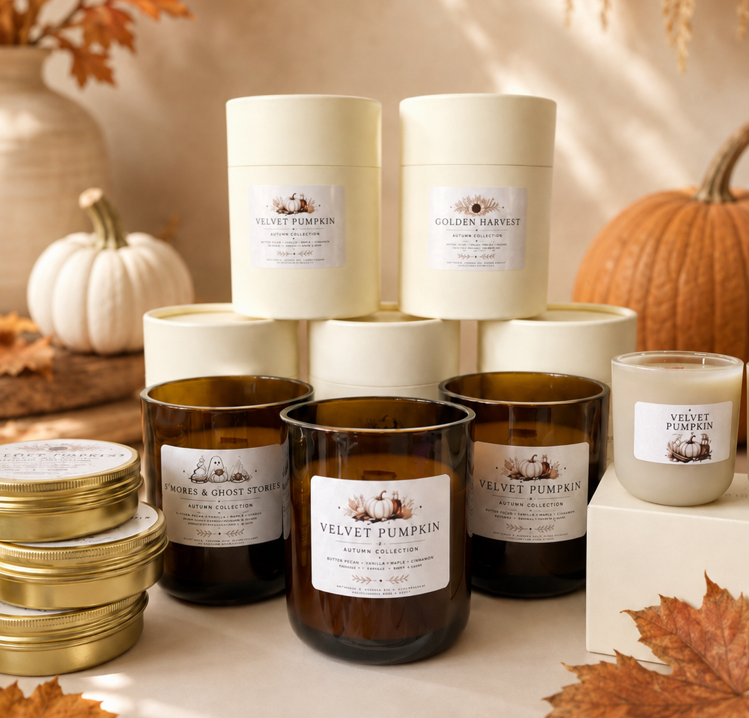 A styled product display of multiple candles in autumn-themed settings, including cream-colored jars, amber glass jars, and stacked metal tins, decorated with pumpkins, fall leaves, and a vase of dried leaves on a beige surface.