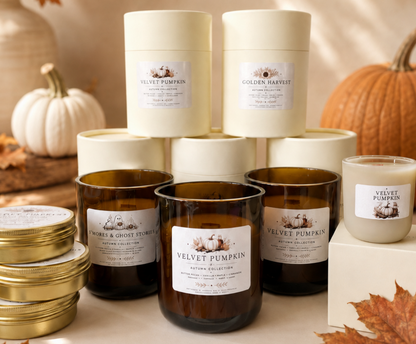A styled product display of multiple candles in autumn-themed settings, including cream-colored jars, amber glass jars, and stacked metal tins, decorated with pumpkins, fall leaves, and a vase of dried leaves on a beige surface.