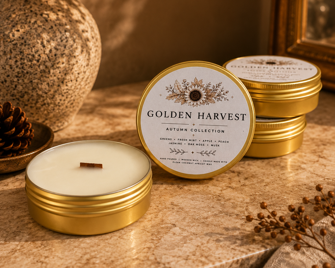 A set of golden tin candles from the Asture Collection, with one open candle in the foreground and stacked tins behind it. The scene is styled on a stone surface with autumn leaves, a vase, and a mirror in warm, cozy lighting.