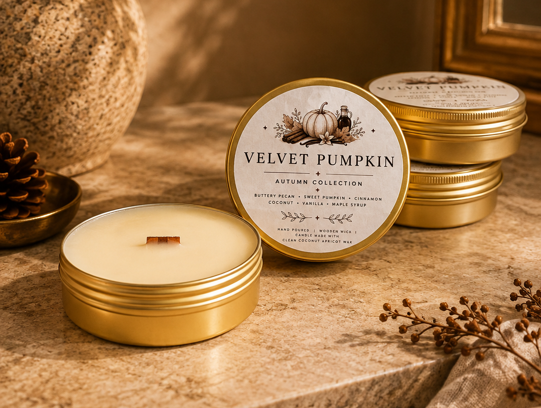 A round metal tin candle labeled 'VELVET PUMPKIN' from Autumn Collection, shown open with cream-colored wax and a wick, alongside stacked closed tins on a stone surface with autumn decor including a vase, pinecone, and dried leaves.