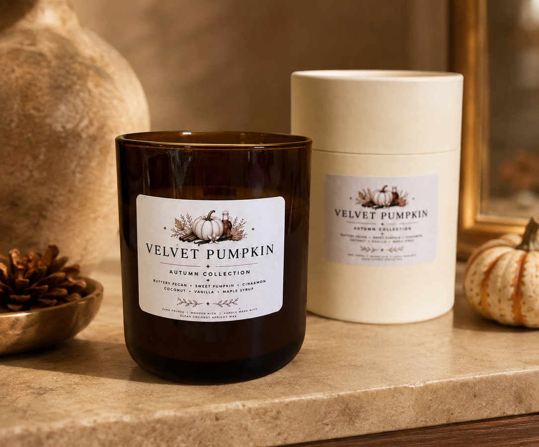 A dark amber glass candle jar and a cream-colored cylindrical tin labeled 'VELVET PUMPKIN' by The Artisan Candle Co, styled on a wooden dresser with autumn decor.