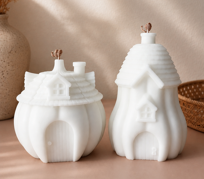 Two white house-shaped candles with textured roofs and small metallic rose details on top, displayed on a beige surface with soft shadows, a vase with dried stems, and a woven basket in the background.