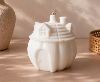 A white ceramic house-shaped candle with a small hanging loop on top, styled on a beige surface with warm sunlight shadows, a vase with dried stems on the left, and a woven basket on the right.